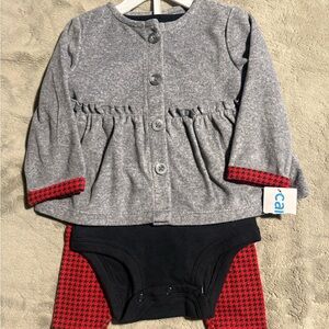 Carter’s Grey Cardigan and Black Bodysuit Set with Red Houndstooth Trim - Kids